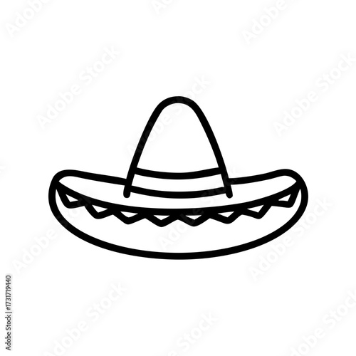 Simple line drawing of a traditional sombrero hat, showcasing its distinctive wide brim and decorative band, representing cultural heritage and festive celebrations