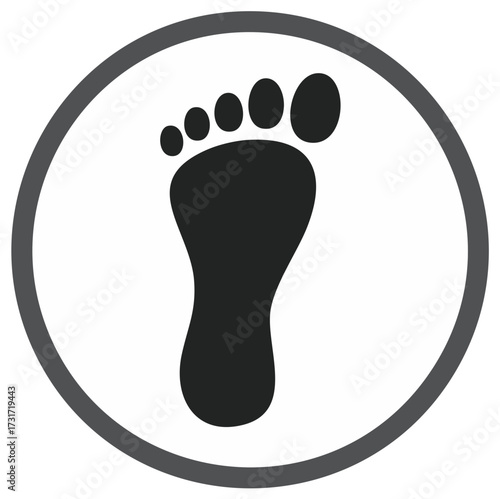 Footprint Inside a Gray Circle, Barefoot Print Symbol Illustration, Human Feet Bare Footprints Concept