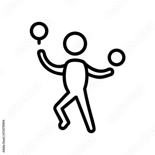 Simple line illustration of a cheerful person with a big smile, surrounded by abstract circles, representing happiness, joy, and positive emotions in a minimalist style