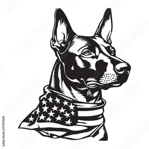 A German Shepherd Dog wear american flag print bandana. Minimal Vintage Grunge Independence Day 4th of July Patriotic Usa America Retro Clipart. Canine in color head covering herder pup.