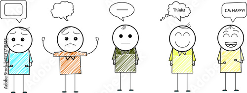 Hand drawn stick figure people with different facial expressions and emotions, sad, angry, neutral, thinking, and happy characters with speech bubbles, doodle style sketch illustration for psychology,