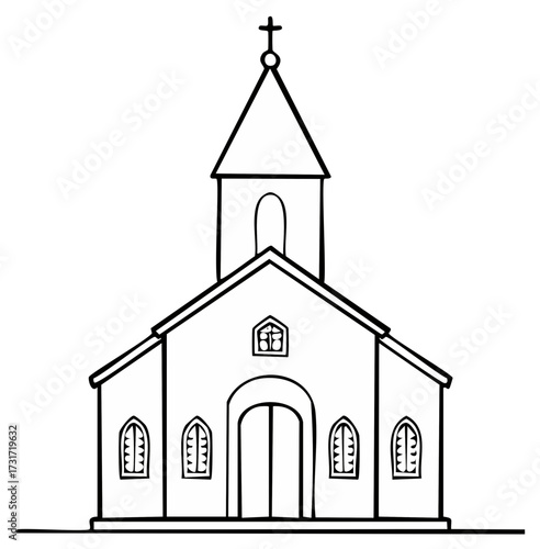 Illustration of church facade with steeple, arched doorway and windows in black and white outline style.