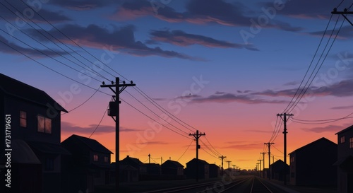 Silhouetted houses and power poles against a vivid sunset sky illustrating urban landscape