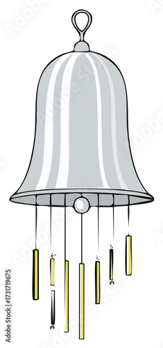 Artistic illustration of a silver wind chime with golden chimes