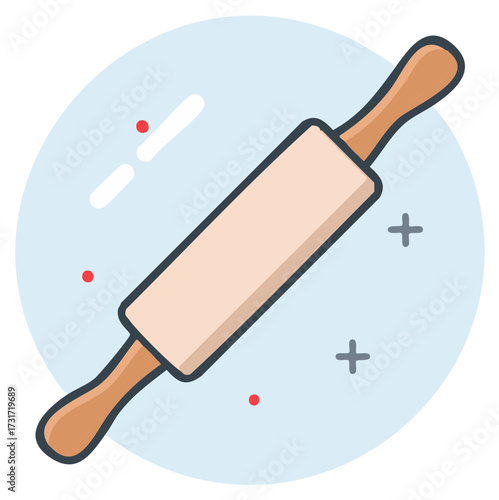 Cartoon illustration of a rolling pin with a blue background and decorative elements.
