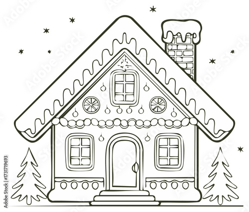 Outlined illustration of a decorated gingerbread house with Christmas trees and star details, suitable for holiday crafts and coloring pages.