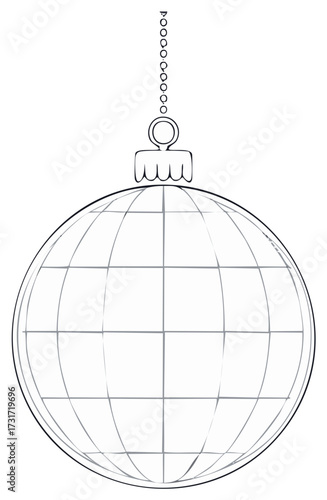 Outline drawing of a globe ornament hanging from a chain