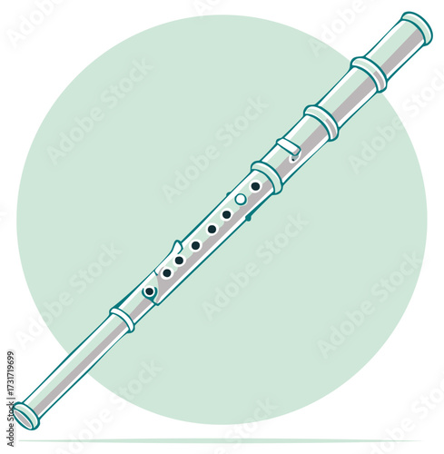 Illustration of a silver concert flute, a musical instrument with finger holes, on a light green background