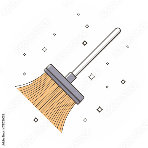 Cartoon Broom Cleaning Dust Sparkles Simple Illustration
