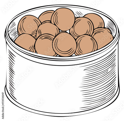 Hand drawn illustration of brown meatballs inside a metal tin can, food product concept.