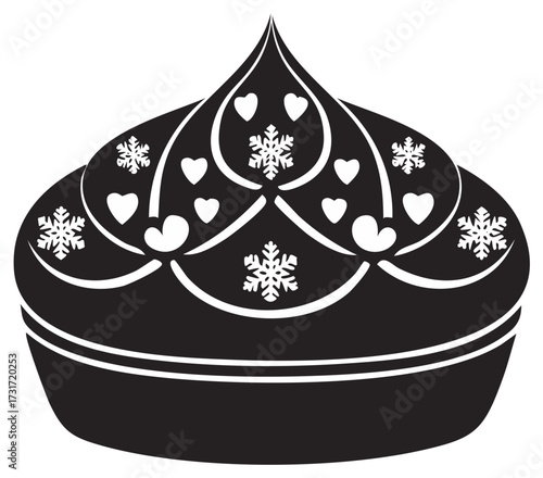 Stylized Traditional Russian Kokoshnik Crown Adorned with Winter Snowflakes and Hearts