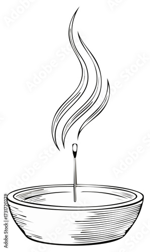 Black and white illustration of a burning incense stick in a bowl emitting wavy smoke