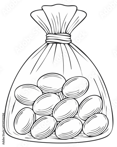 Clear Plastic Bag Filled with Oval Shaped Candies Drawing
