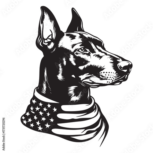 A German Shepherd Dog wear american flag print bandana. Minimal Vintage Grunge Independence Day 4th of July Patriotic Usa America Retro Clipart. Canine in color head covering herder pup.