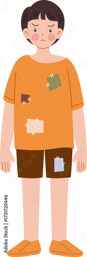Naklejka premium homeless kid wear patchwork clothes