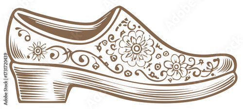 Detailed Clog Footwear Artwork in Brown Hues with Traditional Floral Designs and Carved Texture