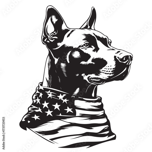 A German Shepherd Dog wear american flag print bandana. Minimal Vintage Grunge Independence Day 4th of July Patriotic Usa America Retro Clipart. Canine in color head covering herder pup.