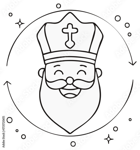 Happy Saint Nicholas Sinterklaas head line art icon for coloring. Dutch holiday celebration vector.