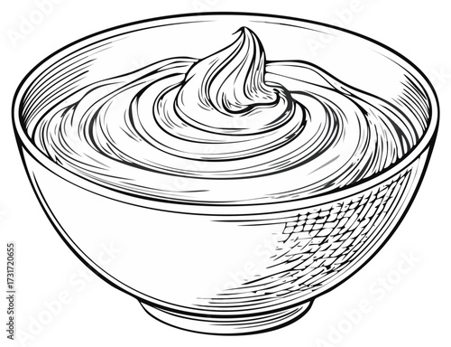 Illustration of a bowl filled with creamy substance, in a vintage engraving style.
