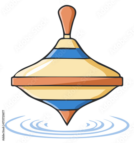 A classic spinning top toy twirling and creating ripples in water
