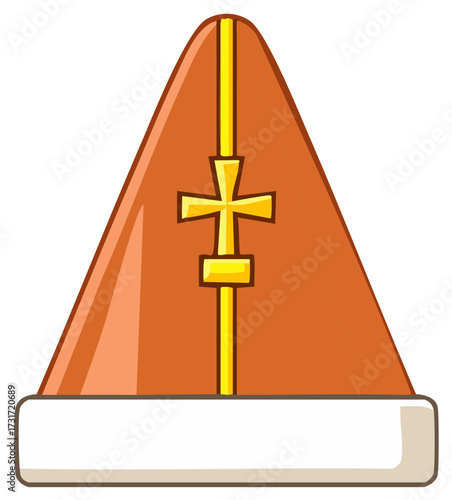 Ornate bishop's mitre with gold cross detail on orange fabric and white band, religious headwear