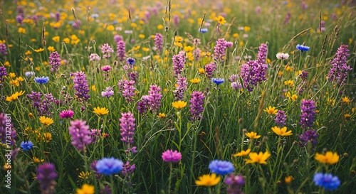 Fototapeta Naklejka Na Ścianę i Meble -  Vibrant meadow of wildflowers blooming in sunlight natural beauty
