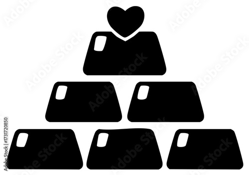Simple icon of a pyramid of stacked gold bars with a heart symbolizing valuable assets or charity