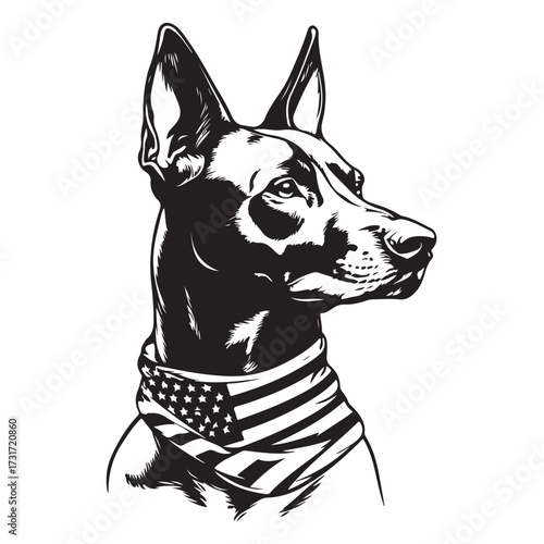 A German Shepherd Dog wear american flag print bandana. Minimal Vintage Grunge Independence Day 4th of July Patriotic Usa America Retro Clipart. Canine in color head covering herder pup.