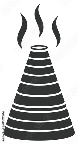 Volcano silhouette with smoke, vector icon of a simplified volcano with horizontal stripes, abstract volcanic eruption