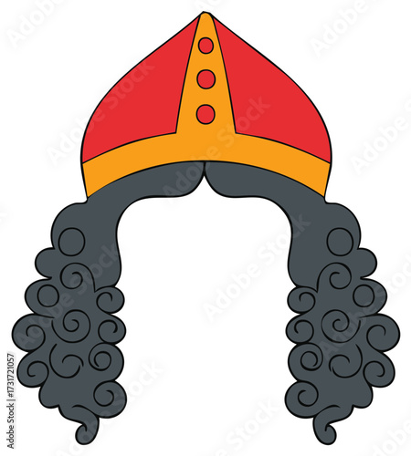 Stylized Red and Gold Ceremonial Hat with Grey Curly Powdered Wig Vector Illustration