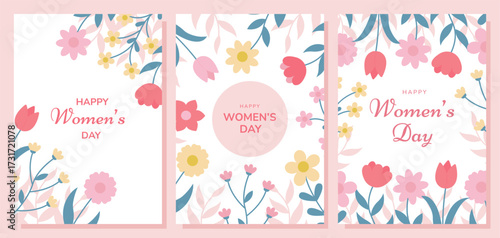 March 8, Women's day cards with flowers. Templates for posters, greeting cards, invitations, covers for Women's day.