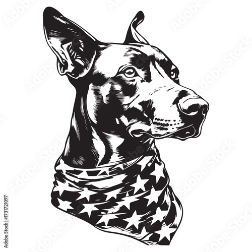 A German Shepherd Dog wear american flag print bandana. Minimal Vintage Grunge Independence Day 4th of July Patriotic Usa America Retro Clipart. Canine in color head covering herder pup.