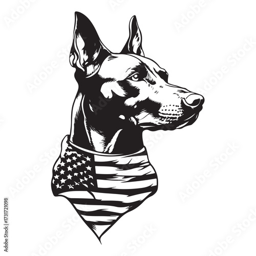 A German Shepherd Dog wear american flag print bandana. Minimal Vintage Grunge Independence Day 4th of July Patriotic Usa America Retro Clipart. Canine in color head covering herder pup.