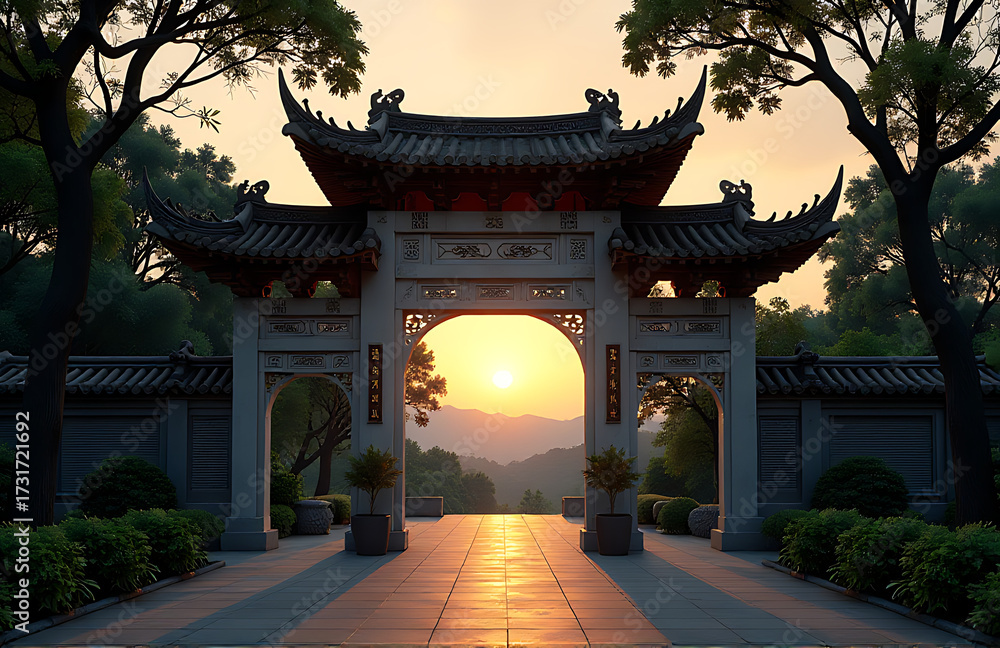 Obraz premium tranquil chinese gateway dusk softly illuminated warm golden hour light lush greenery intricate carvings filling frame