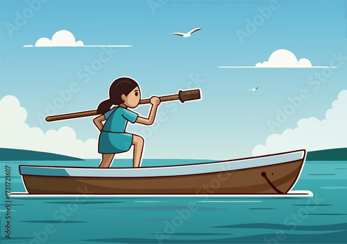 Inquisitive Young Girl Exploring with Telescope from Rowboat on Calm Water