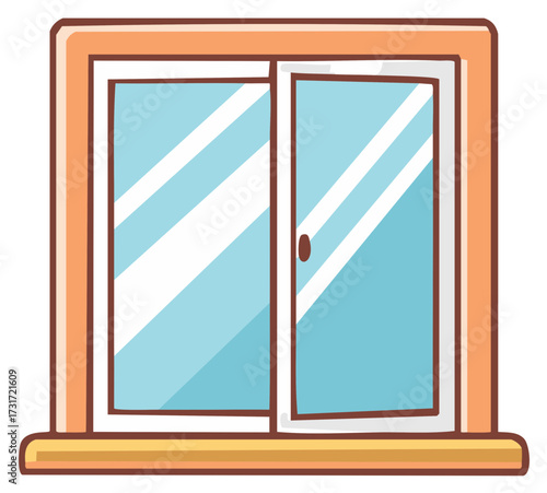 Cute cartoon house window with orange frame and blue glass
