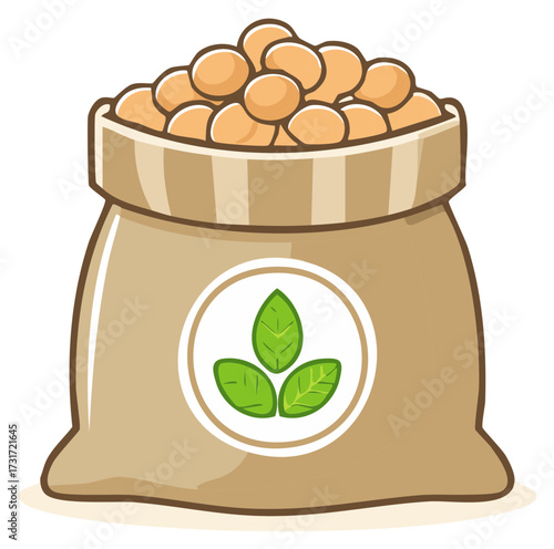 Full burlap sack of soybeans with leaf symbol, natural agriculture product packaging icon, healthy vegetarian ingredient design