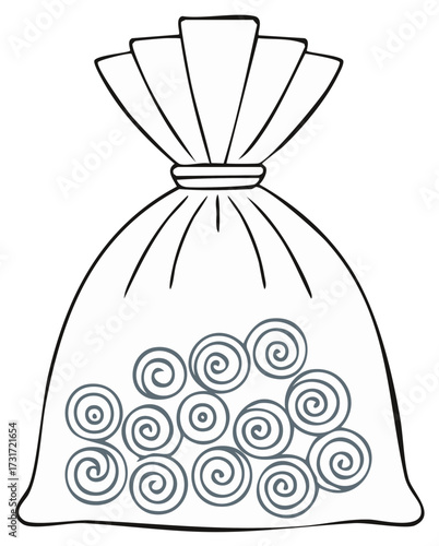 Hand drawn bag of swirl candies line art illustration isolated on white background