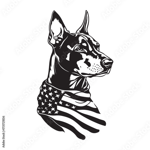 A German Shepherd Dog wear american flag print bandana. Minimal Vintage Grunge Independence Day 4th of July Patriotic Usa America Retro Clipart. Canine in color head covering herder pup.