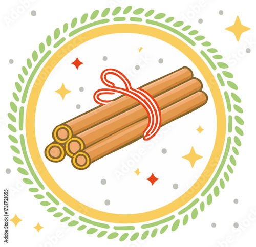 Festive icon of cinnamon sticks tied with a ribbon in a circular wreath