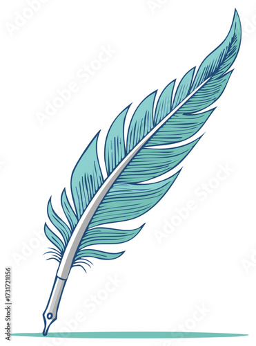 Elegant Blue Quill Pen Drawing Illustration with Intricate Feather Details for Creative Writing Design Element