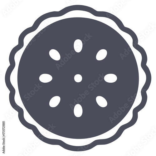Simplified pie illustration in monochrome with decorative edging and oval details.