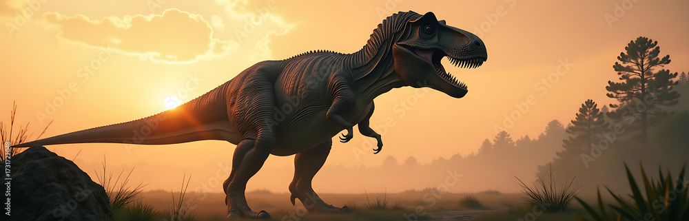 Fototapeta premium towering tyrannosaurus rex emerges misty dawn landscape scaly body claws rendered precise detail warm
