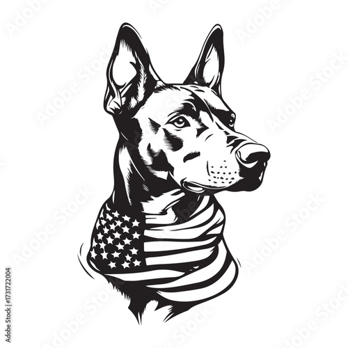 A German Shepherd Dog wear american flag print bandana. Minimal Vintage Grunge Independence Day 4th of July Patriotic Usa America Retro Clipart. Canine in color head covering herder pup.