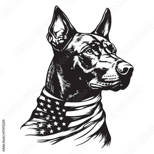 A German Shepherd Dog wear american flag print bandana. Minimal Vintage Grunge Independence Day 4th of July Patriotic Usa America Retro Clipart. Canine in color head covering herder pup.