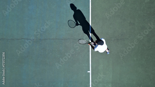 Tennis player in white practices on a hardcourt, aerial shot. Focuses on skill development and dedication in sports training.