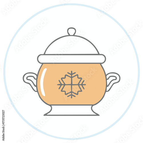 Illustration of a soup pot with a snowflake decoration within a light blue circle.