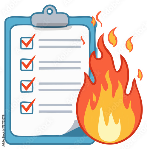 Burning checklist on clipboard illustrates urgent tasks, work overload, and critical deadline pressure.