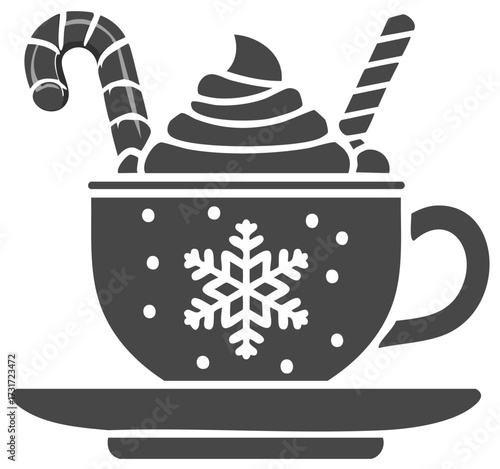 Winter hot drink with whipped cream and candy canes in festive mug decorated with snowflakes