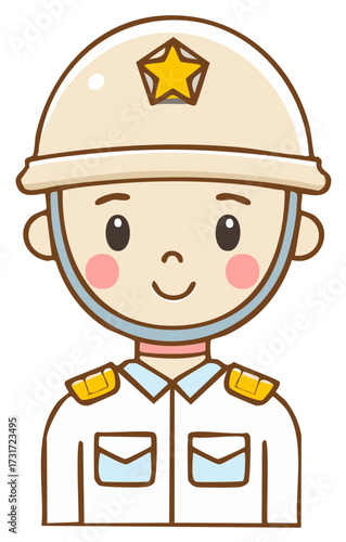 Friendly cartoon character in white official uniform smiling with a star on helmet